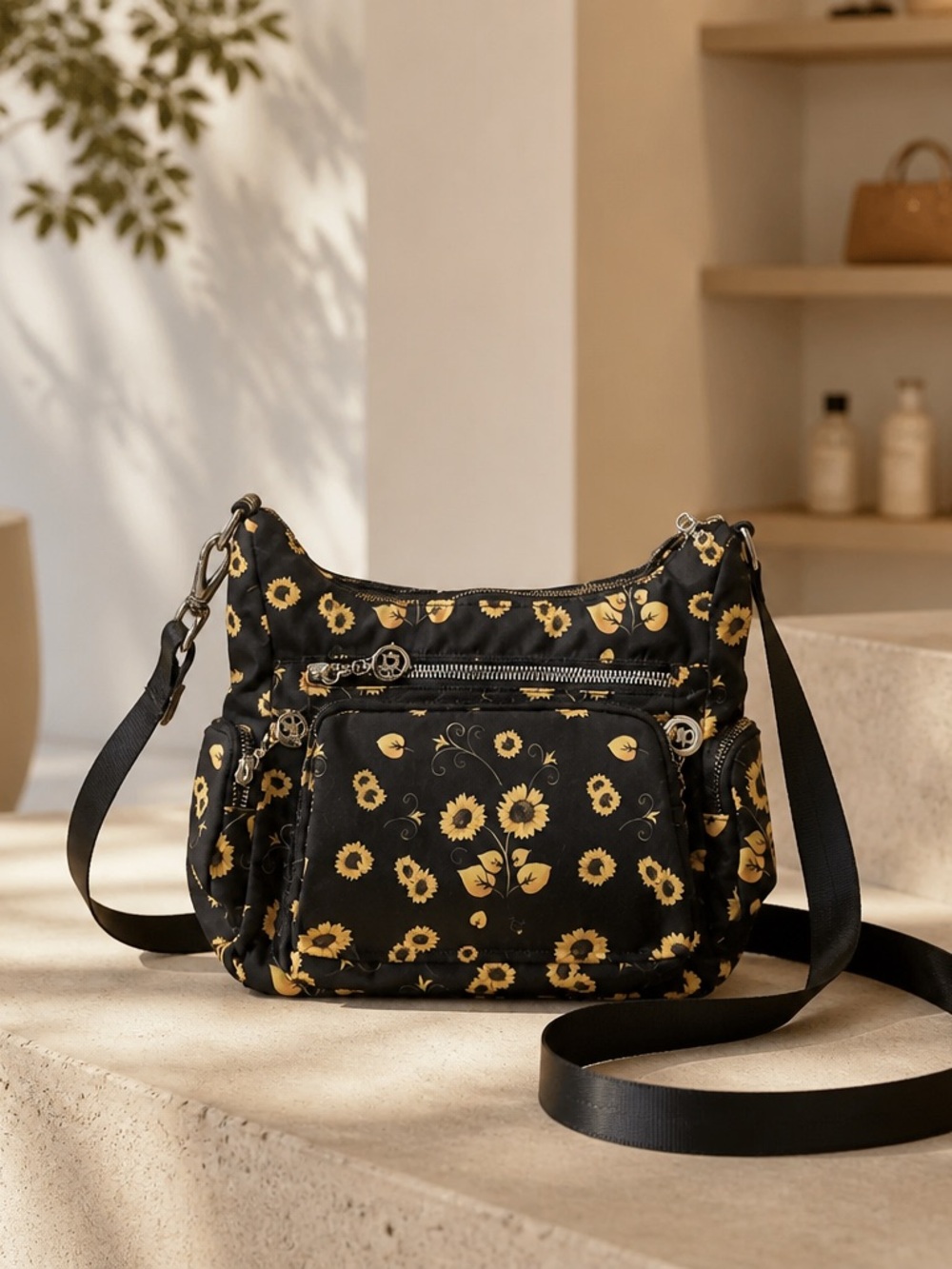 Floral Sunflower Black Crossbody Bag